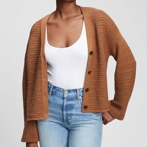 GAP Chunky Knit Textured Button Front Open Stitch Cardigan Haystack Brown